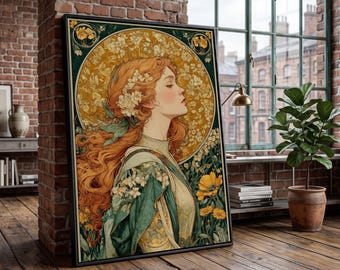 Portret kobiety w stylu Alphonse'a Muchy na płótnie, dekoracja ścienna w stylu secesyjnym z motywem kwiatowym, elegancka ilustracja profilu