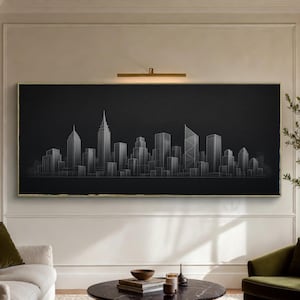 Lienzo minimalista con silueta de ciudad, arte urbano en blanco y negro para paredes de oficinas.