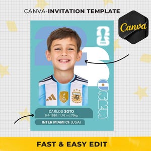 Könnte beinhalten: Eine digitale Canva-Einladungsvorlage mit hellblauem Hintergrund, einer großen weißen Zahl 23, einem Foto eines lächelnden Kindes im argentinischen Fußballtrikot sowie dem Text Carlos Soto, 8-4-1998, 1,76 m, 79kg und Inter Miami CF.