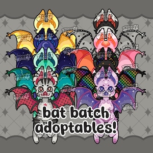 May include: A digital illustration featuring two columns of stylized bat characters with diverse color palettes, wing patterns, and markings. The text bat batch adoptables! is displayed in bold black letters at the bottom center of the image.