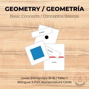 Dwujęzyczne karty z nomenklaturą Montessori. Podstawowe pojęcia: Geometria | Angielski - Hiszpański. Karty do druku, 3 części. Materiały do nauki w domu i w klasie.