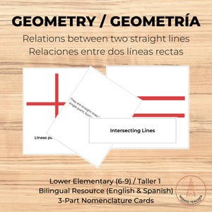 Peut inclure: Cartes éducatives de géométrie avec des lignes droites rouges sur fond blanc. Le texte inclut 'GEOMETRY / GEOMETRÍA', 'Relations between two straight lines', 'Relaciones entre dos líneas rectas', 'They are straight lines', 'Líneas pe', 'Intersecting Lines' et 'Lower Elementary (6-9) / Taller 1'.