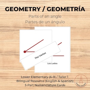Pode incluir: Cartões educativos bilíngues de geometria intitulados GEOMETRY / GEOMETRÍA, Parts of an angle, Partes de un ángulo. Os cartões apresentam um diagrama de ângulo vermelho com um vértice e lados rotulados como The Vertex e Los Lados. Inclui o texto Lower Elementary (6-9) / Taller 1.