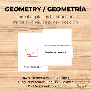 May include: Educational geometry nomenclature cards featuring the text GEOMETRY / GEOMETRÍA, Pairs of angles by their position, and Pares de ángulos por su posición. The cards display red angle diagrams and the terms Consecutive Angles and Ángulos adyacentes.
