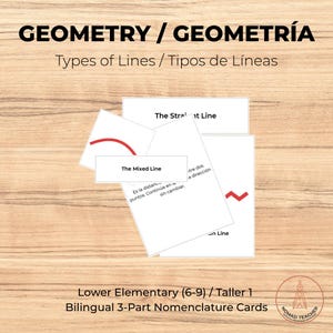Peut inclure: Un ensemble de cartes de nomenclature bilingues en trois parties intitulées GEOMETRY / GEOMETRÍA Types of Lines / Tipos de Líneas. Les cartes présentent des fonds blancs avec du texte noir et des illustrations de lignes rouges, incluant The Straight Line et The Mixed Line.