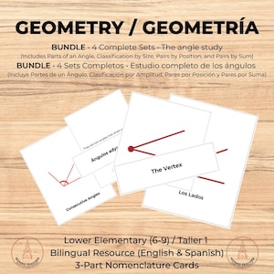 Peut inclure: Un ensemble éducatif bilingue sur la géométrie comprenant des cartes de nomenclature en trois parties pour l'étude des angles. Les cartes présentent des diagrammes d'angles en rouge avec des étiquettes comme The Vertex, Los Lados et Consecutive Angles.