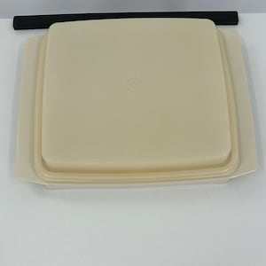 Può includere: Un coperchio quadrato in plastica color bianco sporco per contenitore con un pannello centrale rialzato e un piccolo logo circolare in rilievo al centro. Il coperchio presenta ampie maniglie laterali piatte e una finitura liscia e opaca.