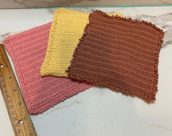 Handmade Crochet Dishcloth Set of 3 Pink Yellow Brown Square Kitchen Washcloths