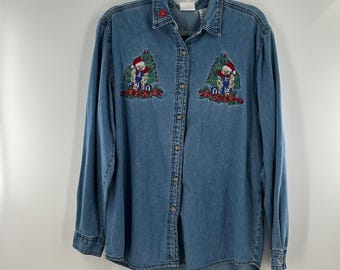 Camisa feminina vintage de Natal em jeans com bordado de ursinho de pelúcia, tamanho G, com botões.