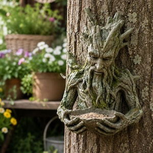 May include: A tree spirit sculpture mounted on a tree trunk, featuring a weathered, bark-like texture with mossy green accents. The figure has a bearded face and holds a small, bowl-shaped basin in its hands, which is filled with birdseed.