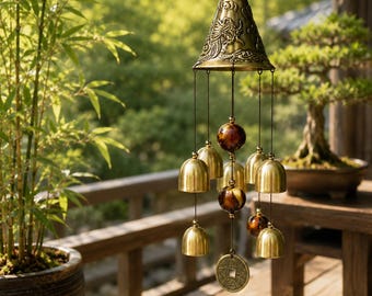 Sino de Vento de Latão, 6 Sinos, Decoração de Jardim para Pendurar em Varanda ou Pátio, Presente Zen para Varanda