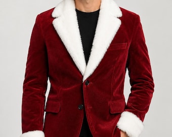 May include: A deep red velvet blazer featuring a wide white faux fur lapel collar and matching white faux fur cuffs on the long sleeves. The jacket is fastened with two black buttons on the front and includes two side flap pockets.