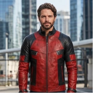 Puede incluir: Una chaqueta de cuero roja y negra con cuello alzado, cremallera frontal completa y paneles estructurados en el pecho y los hombros. El diseño incluye mangas largas con detalles en negro y una silueta lisa y ajustada al cuerpo.