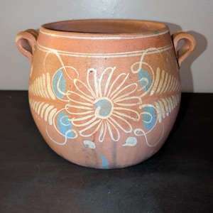Hand Painted Vintage Mexican Folk Art Pottery Olla Pot | Terracotta Clay Bean Pot with Handles | Sun & Floral Motif Blue White Slip Glaze