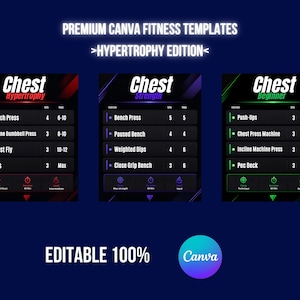 Può includere: Tre modelli di fitness digitali per Canva intitolati Premium Canva Fitness Templates Hypertrophy Edition. Ogni modello presenta una routine di allenamento per i pettorali con esercizi, serie e ripetizioni in rosso, viola e verde. Il testo include Editable 100%.