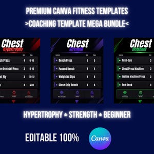 Peut inclure: Un ensemble de modèles de fitness numériques pour Canva comprenant trois tableaux d'entraînement intitulés Chest Hypertrophy, Chest Strength et Chest Beginner. Chaque tableau liste des exercices, séries et répétitions avec des accents rouges, violets et verts.
