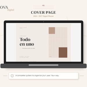 Puede incluir: Una pantalla de portátil que muestra la portada de un planificador digital titulada Todo en uno, con el texto 2026 + 2027 Digital Planner, la marca Kasova digital y un diseño de cuadrícula con acentos rectangulares marrones y beige.