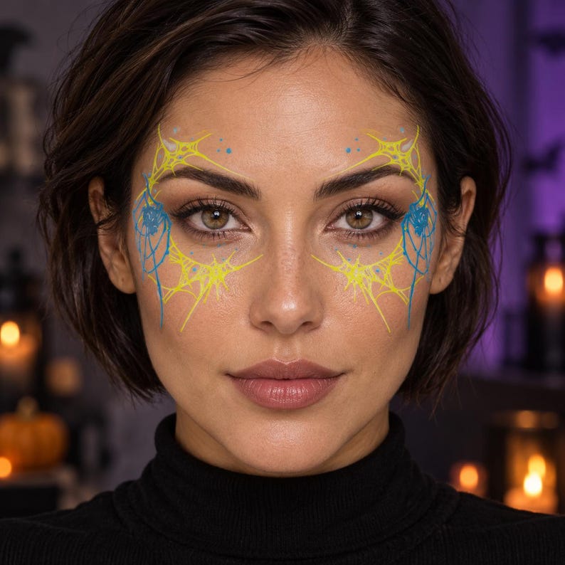 Glow-in-the-dark Spider Web Face Tattoos, Blue Yellow Halloween Makeup ...