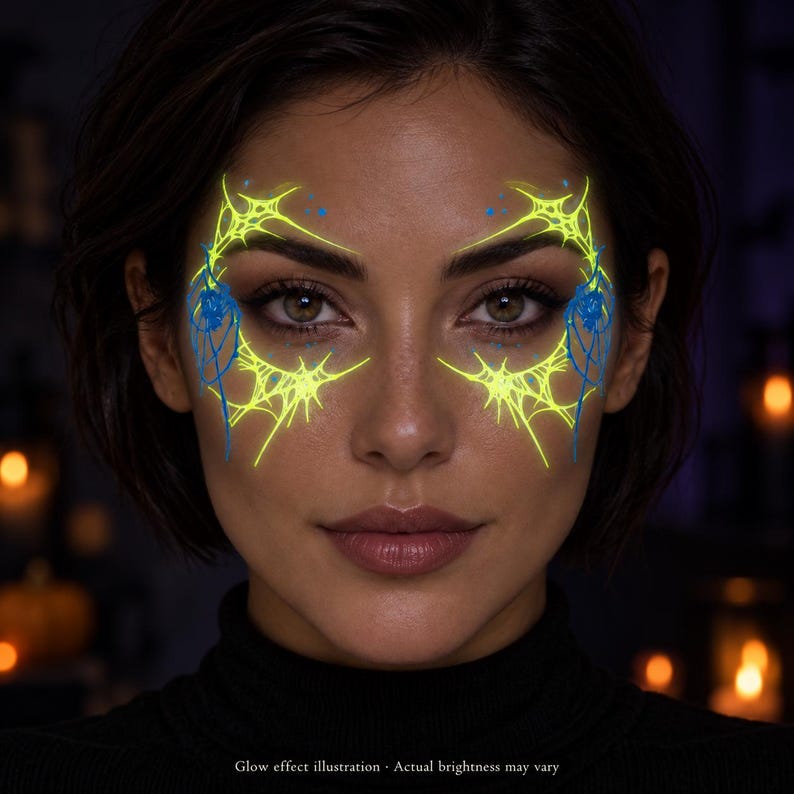 Glow-in-the-dark Spider Web Face Tattoos, Blue Yellow Halloween Makeup ...