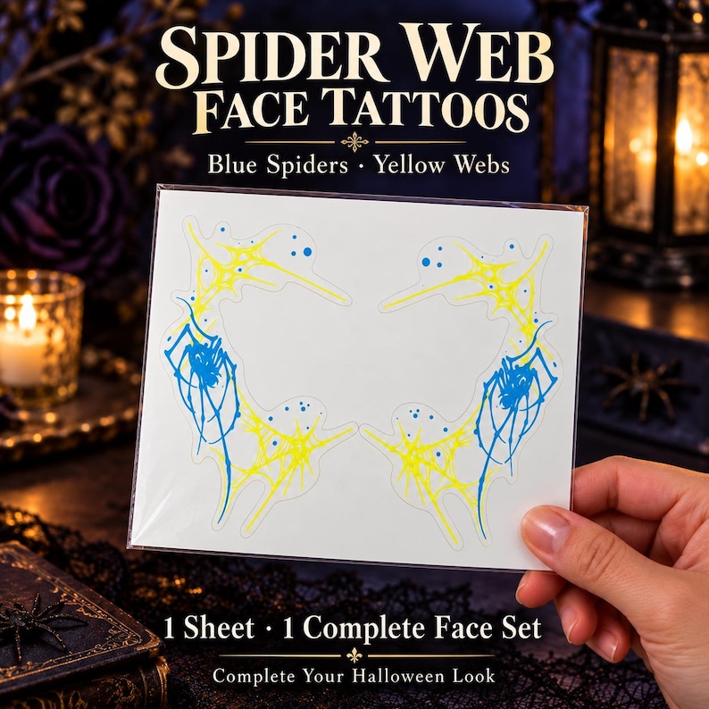 Glow-in-the-dark Spider Web Face Tattoos, Blue Yellow Halloween Makeup ...