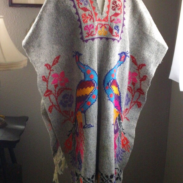 RESERVED HONEYWOOD 60s 70s Mexican Embroidered Peacock Wool Peasant Poncho