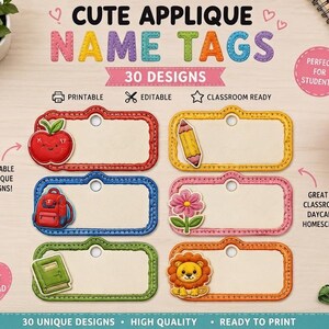 Puede incluir: Un conjunto de seis etiquetas de nombre rectangulares con bordes cosidos en rojo, amarillo, azul, rosa, verde y naranja. Cada etiqueta presenta un diseño de aplique único que incluye manzana, lápiz, mochila, flor, libro y león. Texto: CUTE APPLIQUE NAME TAGS.