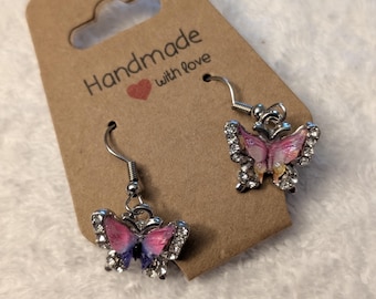 Whimsical Sparkle: Handmade Rhinestone and Pastels Butterfly Drop Earrings
