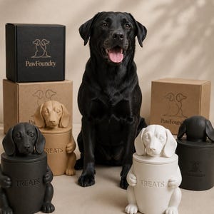 May include: A black Labrador dog sits behind three ceramic treat canisters shaped like dachshunds. The canisters are black, tan, and white, each featuring the word TREATS embossed on the front and a dog head lid. Two cardboard boxes are visible.
