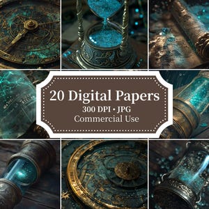 Pode incluir: Uma coleção de 20 papéis digitais com temas celestiais e náuticos, incluindo astrolábios de latão antigo, ampulhetas com areia azul brilhante, mapas estelares e telescópios. O texto central diz 20 Digital Papers, 300 DPI, JPG, Commercial Use.