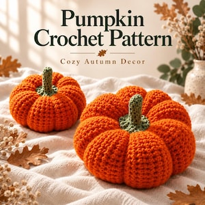 May include: Two handmade orange crochet pumpkins with green stems. The text reads Pumpkin Crochet Pattern Cozy Autumn Decor. The pumpkins have a ribbed texture and are crafted from yarn, featuring a rounded shape with a central green stem.