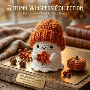 Peut inclure: Un fantôme amigurumi en crochet blanc portant un bonnet en tricot orange épais, tenant une petite feuille orange. Le fantôme a des yeux en perles noires et un sourire brodé. Une plaque en laiton indique : THE AUTUMN GHOST. Premium Cotton Amigurumi.
