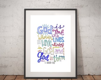 God is Love. 1 John 4:16 Bible Verse Digital Print. Valentine Print ...