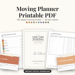 Könnte beinhalten: Ein 130-seitiger Umzugsplaner als druckbares PDF mit 80 Kartonetiketten. Das Set enthält einen farbcodierten Raumgruppenschlüssel, ein Inventarblatt für Umzugskartons und ein Deckblatt mit dem Titel The Ultimate Colour-Coded Moving House & New Home Setup System.