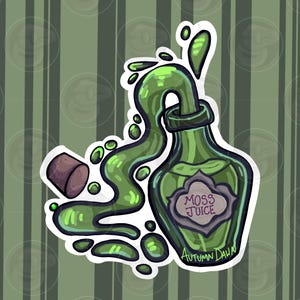 May include: A sticker illustration of a green glass bottle with a cork, spilling bright green liquid. The bottle features a label with the text MOSS JUICE and the signature Autumn Dawn. The design has a white border and a dark green outline.