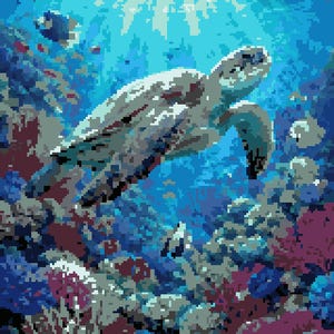 Sea Turtle Diamond Painting Pattern PDF, Full Coverage Diamond Art Chart, DMC Colors, Ocean Coral Reef Art, Instant Digital Download