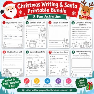 May include: A Christmas writing and Santa printable bundle featuring eight activity sheets including My Letter to Santa, Santa's Wish List, Design a Reindeer, Christmas Writing Prompts, My Christmas List, Santa's Snack Note, A Letter from Santa, and Christmas Drawing & Writing.