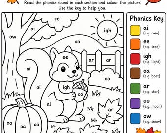 Phonics Color by Code Worksheet, Fall Phonics Activity, Autumn Coloring Page, Preschool Kindergarten Printable