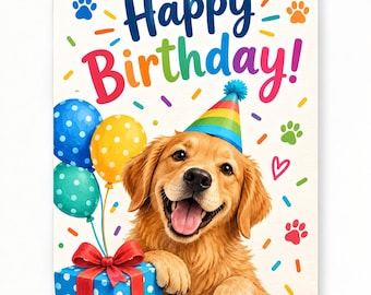 Cheerful birthday card with cute golden retriever, colorful balloons, confetti, and festive party hat design