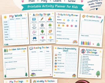 Printable Kids Activity Planner for Creativity, Outdoor Adventures, Reading, Screen-Free Challenges, and Weekly Organization