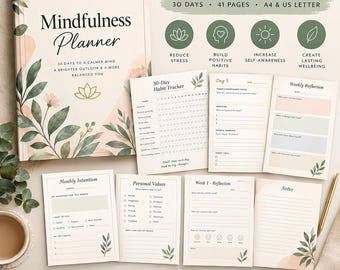 Printable 30-Day Mindfulness Journal and Habit Tracker for Daily Reflection, Gratitude, Intentional Living, and Personal Growth