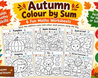 Autumn Math Coloring Worksheets Bundle - Printable Addition Practice with Seasonal Pictures for Kids