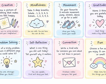 Printable children’s wellbeing activity prompt cards - mindfulness, emotional regulation, creativity, calm-down, connection