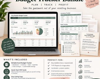 Editable budget and profit tracking bundle with sales, inventory, expense trackers plus customizable settings and guide