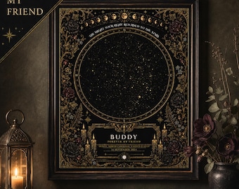 May include: A framed rectangular star map print featuring a central circular night sky illustration with gold celestial borders, floral motifs, and candles. The text reads "THE NIGHT YOUR LIGHT RETURNED TO THE STARS", "BUDDY", "FOREVER MY FRIEND", and "DELCO, NORTH CAROLINA, UNITED STATES 14 SEPTEMBER 2024".