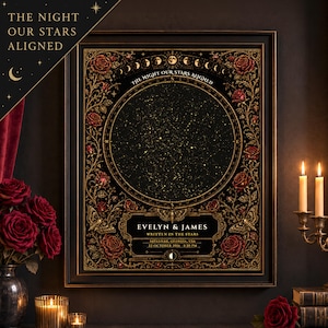 May include: A framed star map print featuring a circular celestial chart, gold moon phases, and red rose illustrations. The text reads THE NIGHT OUR STARS ALIGNED, EVELYN & JAMES, WRITTEN IN THE STARS, and 22 OCTOBER 2016, 8:30 PM, SAVANNAH, GEORGIA, USA.