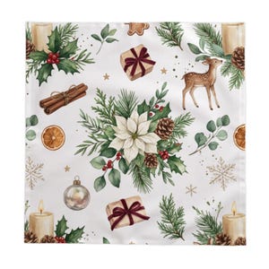 Vintage Holiday Wreath Pattern Tablecloths | Christmas Deer Cardinal Pinecone Print