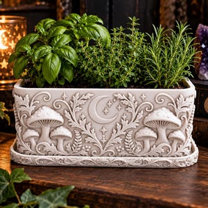 May include: A rectangular light gray planter with a matching tray, featuring embossed designs of mushrooms, leafy vines, and a crescent moon with stars. The planter contains three green herbs, including basil and rosemary.