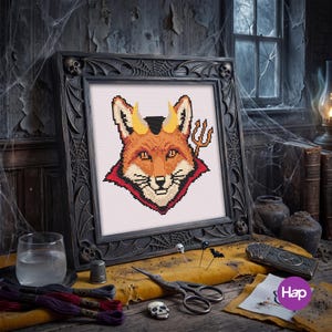 悪魔の狐のクロスステッチパターン、悪魔のカウントPDF、不気味な動物の刺繍（デジタルダウンロード）