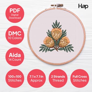 May include: A circular wooden embroidery hoop containing a cross-stitch pattern of three orange and yellow protea flowers with dark green leaves on white Aida fabric. The text Hap is in the top right corner, with red circles detailing specifications.