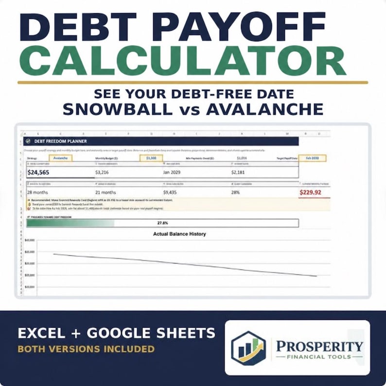 May include: A digital debt payoff calculator spreadsheet for Excel and Google Sheets. The interface displays a debt freedom planner with fields for strategy, monthly budget, and target payoff date, plus a downward-sloping actual balance history graph.